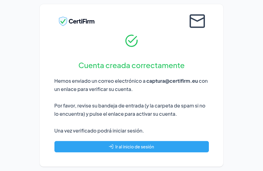 Pantalla de confirmación: Cuenta creada correctamente