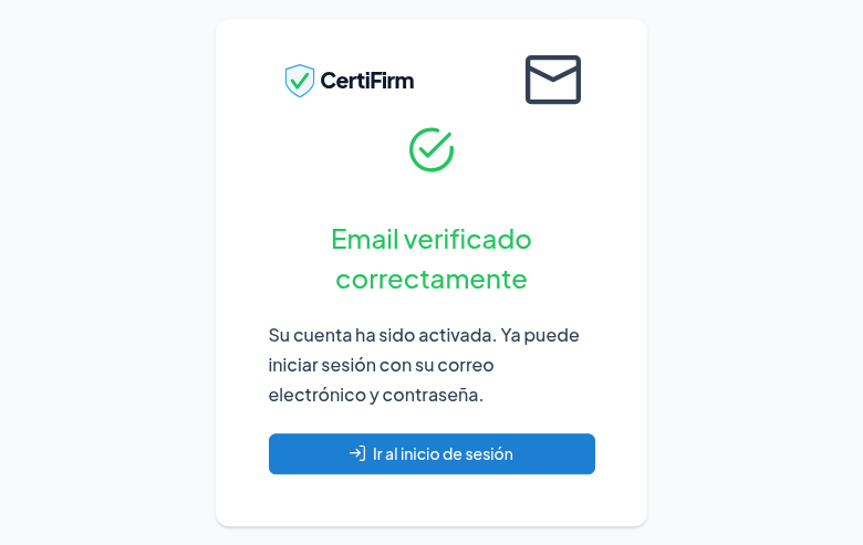 Pantalla de confirmación: Email verificado correctamente