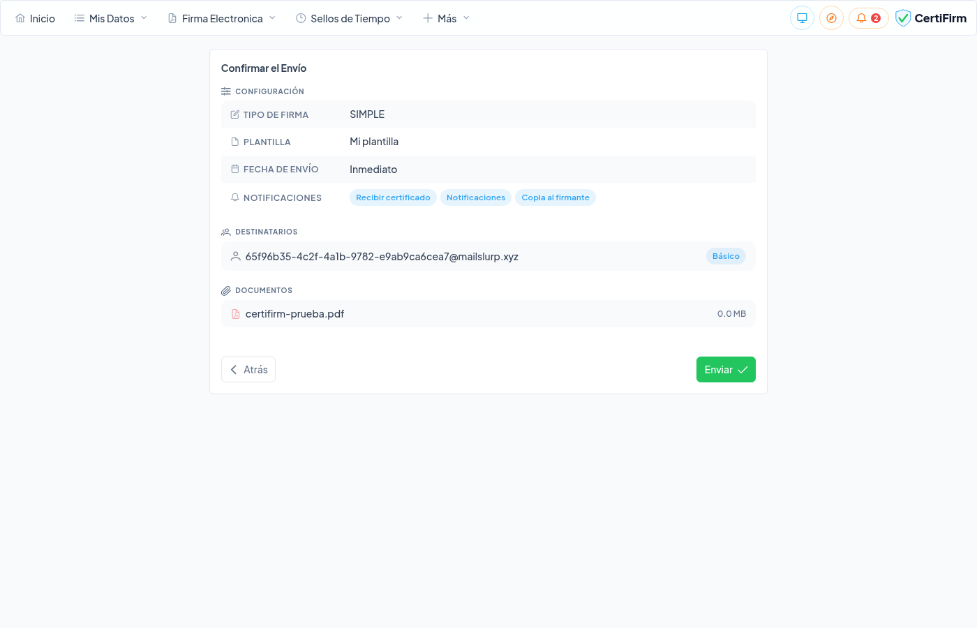 Pantalla de confirmación del envío con resumen de configuración