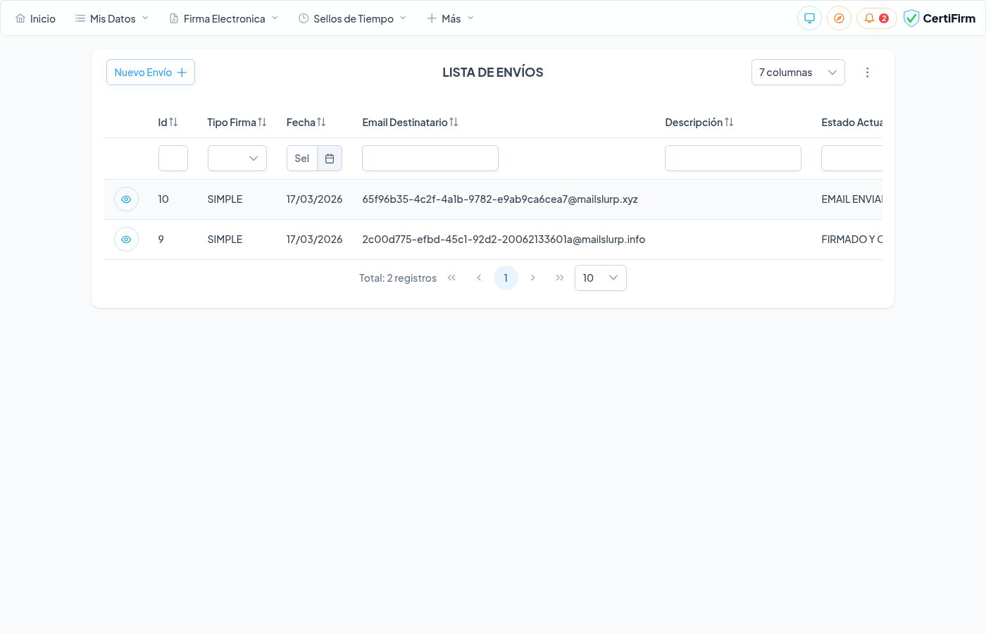 Lista de envíos mostrando el envío en estado EMAIL ENVIADO