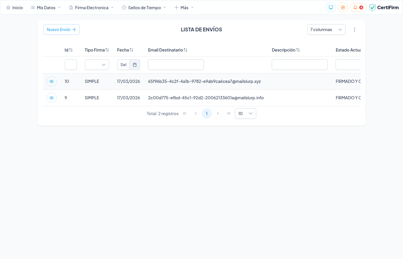 Lista de envíos mostrando el envío en estado FIRMADO