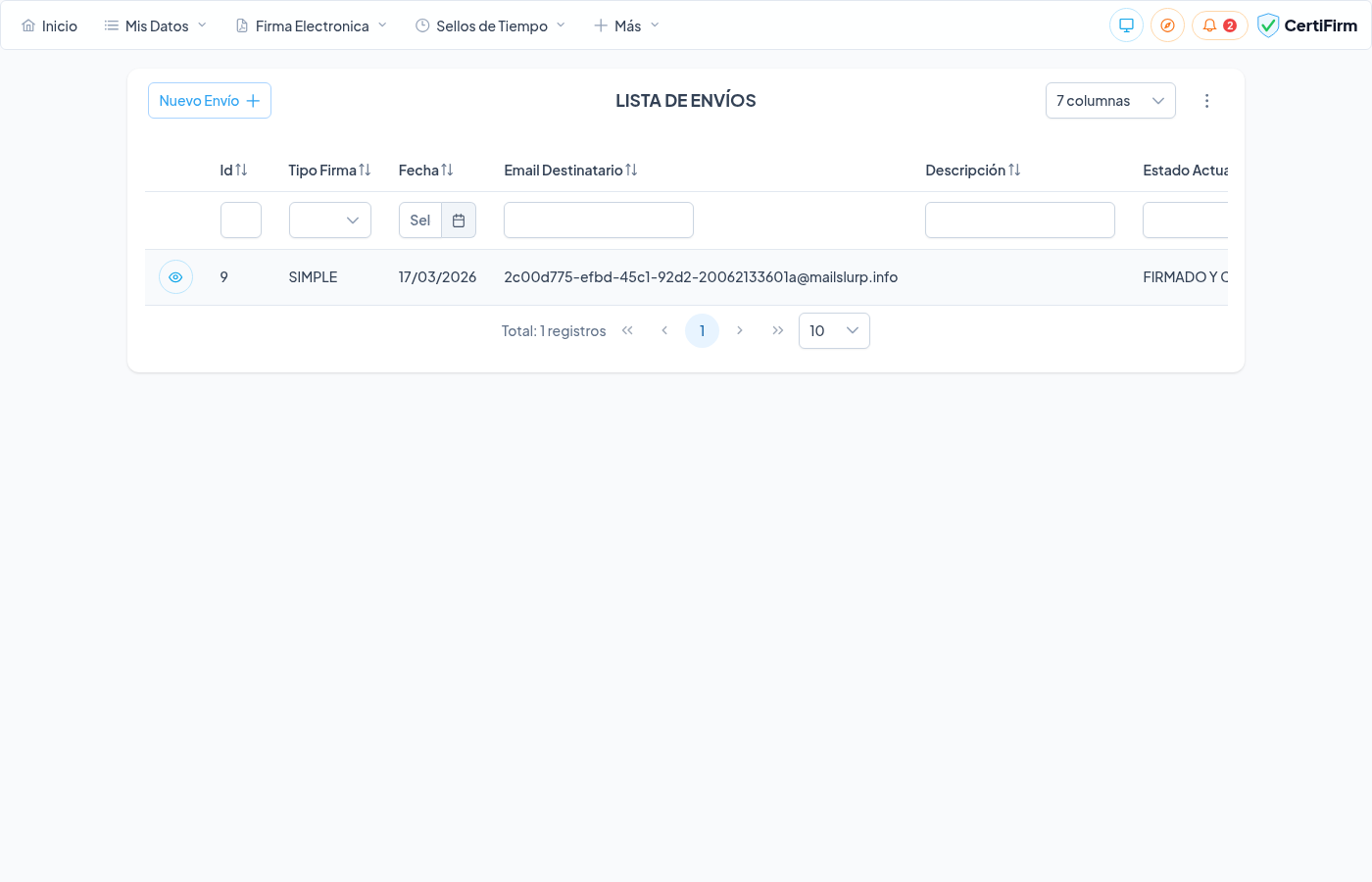 Lista de Envíos con el botón Nuevo Envío