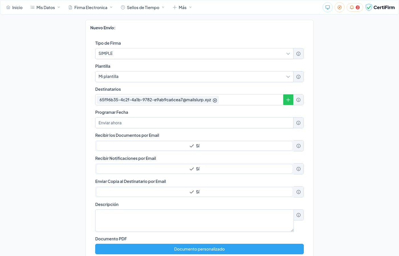 Formulario de envío con plantilla, destinatario y documento seleccionados