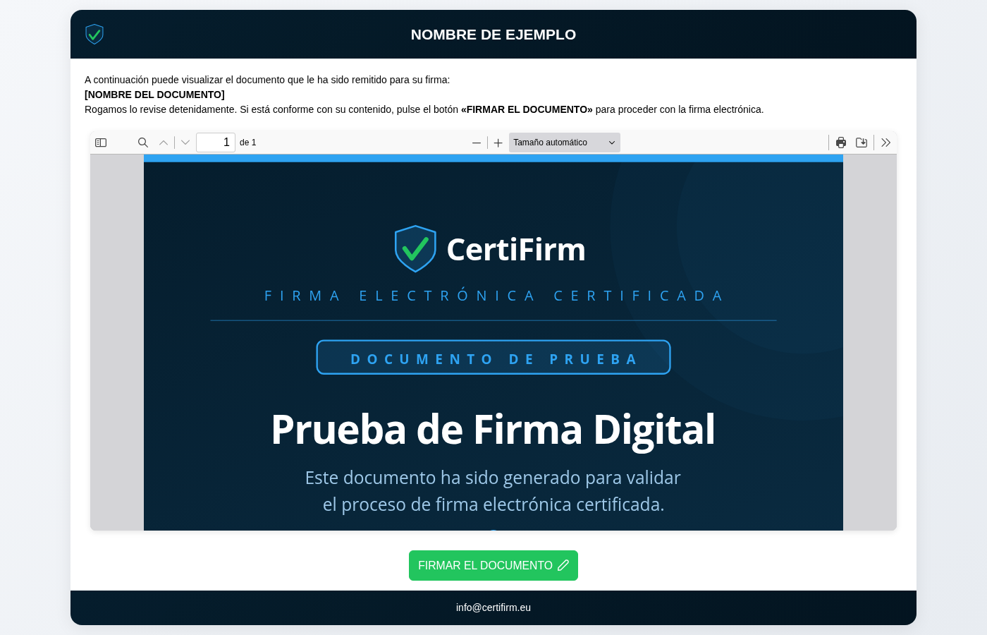Página de firma que ve el destinatario: documento PDF y botón FIRMAR EL DOCUMENTO