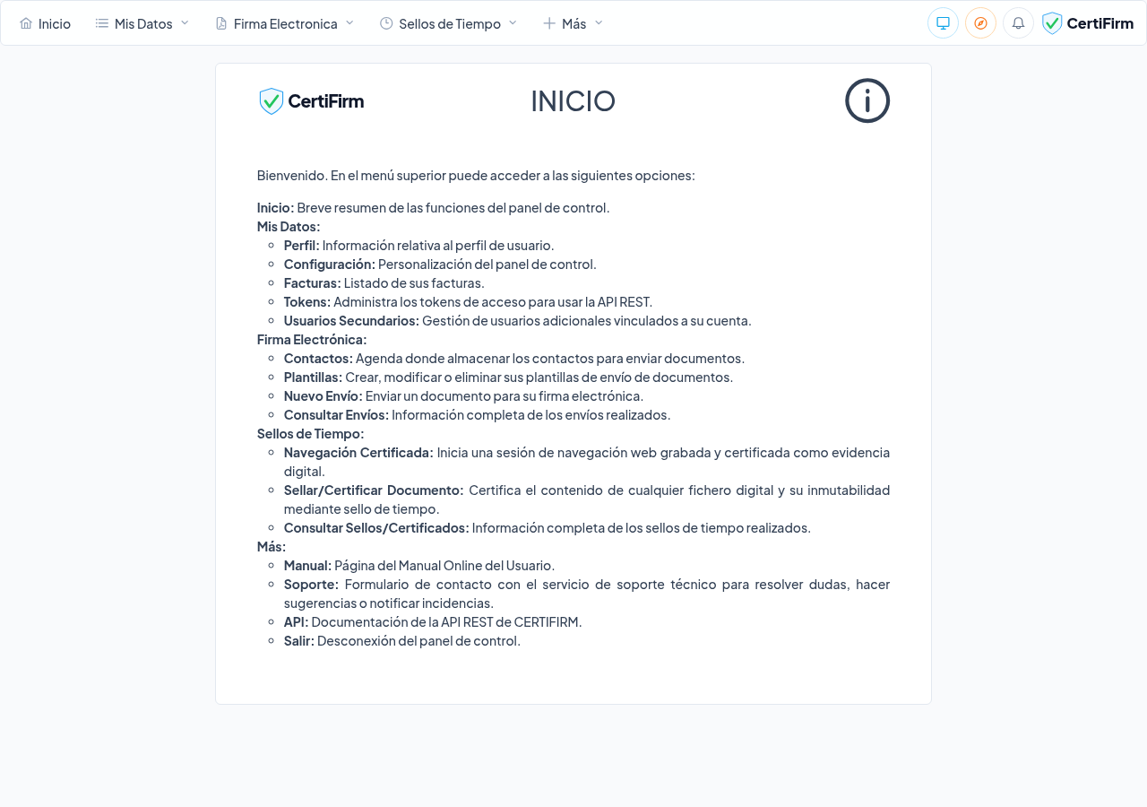 Panel principal de Certifirm con el menú superior y resumen de actividad