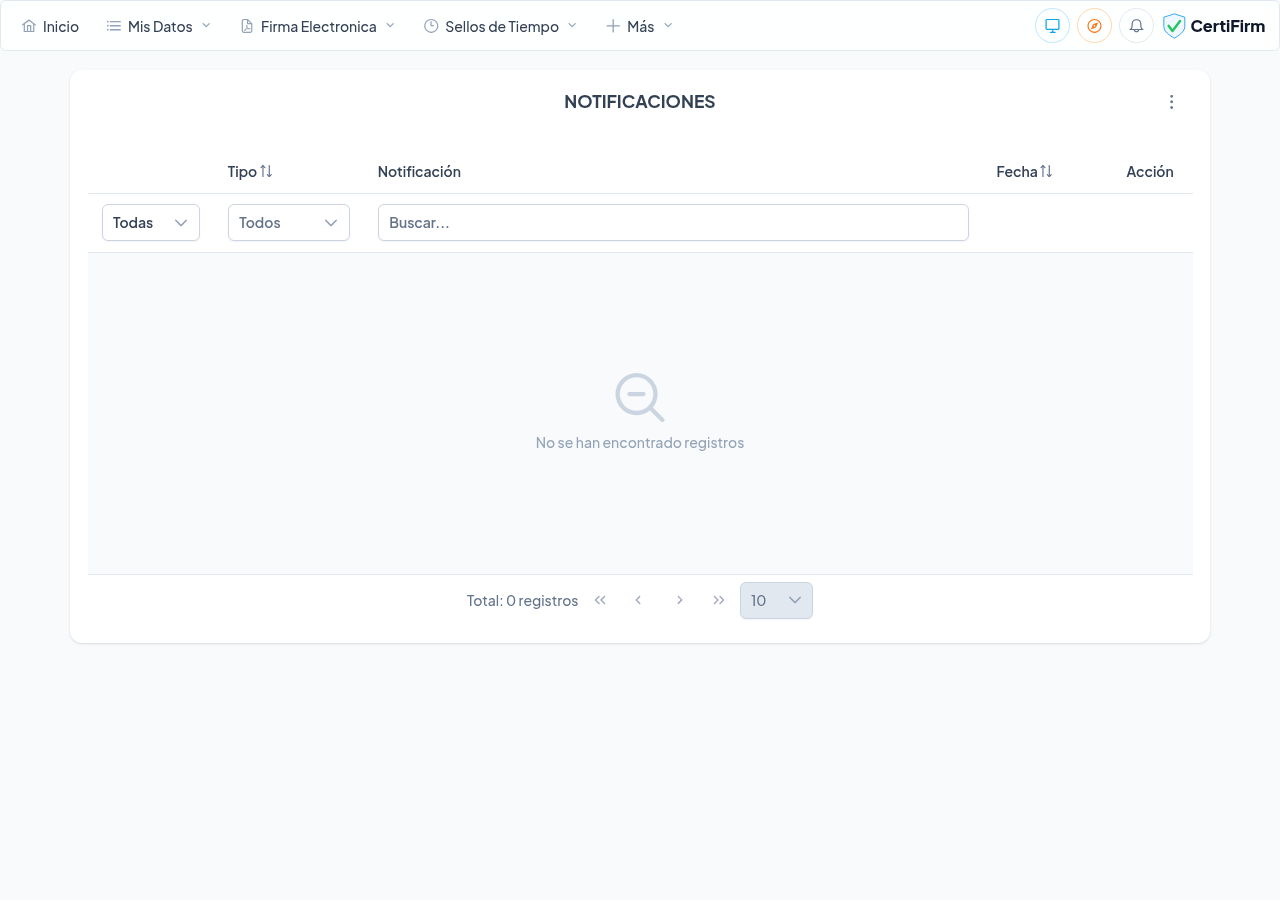 Bandeja de notificaciones del sistema con filtros por tipo y estado