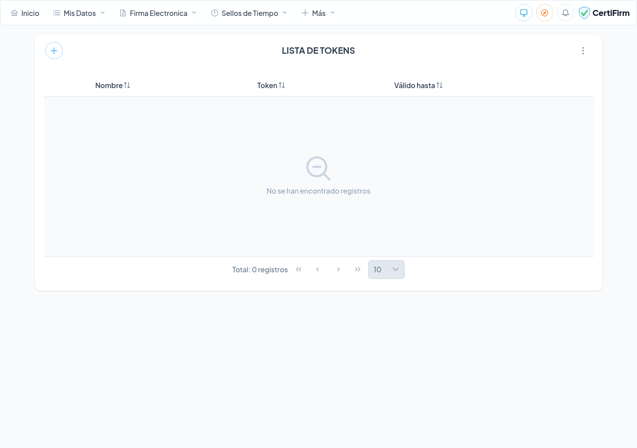 Pantalla de gestión de tokens de API