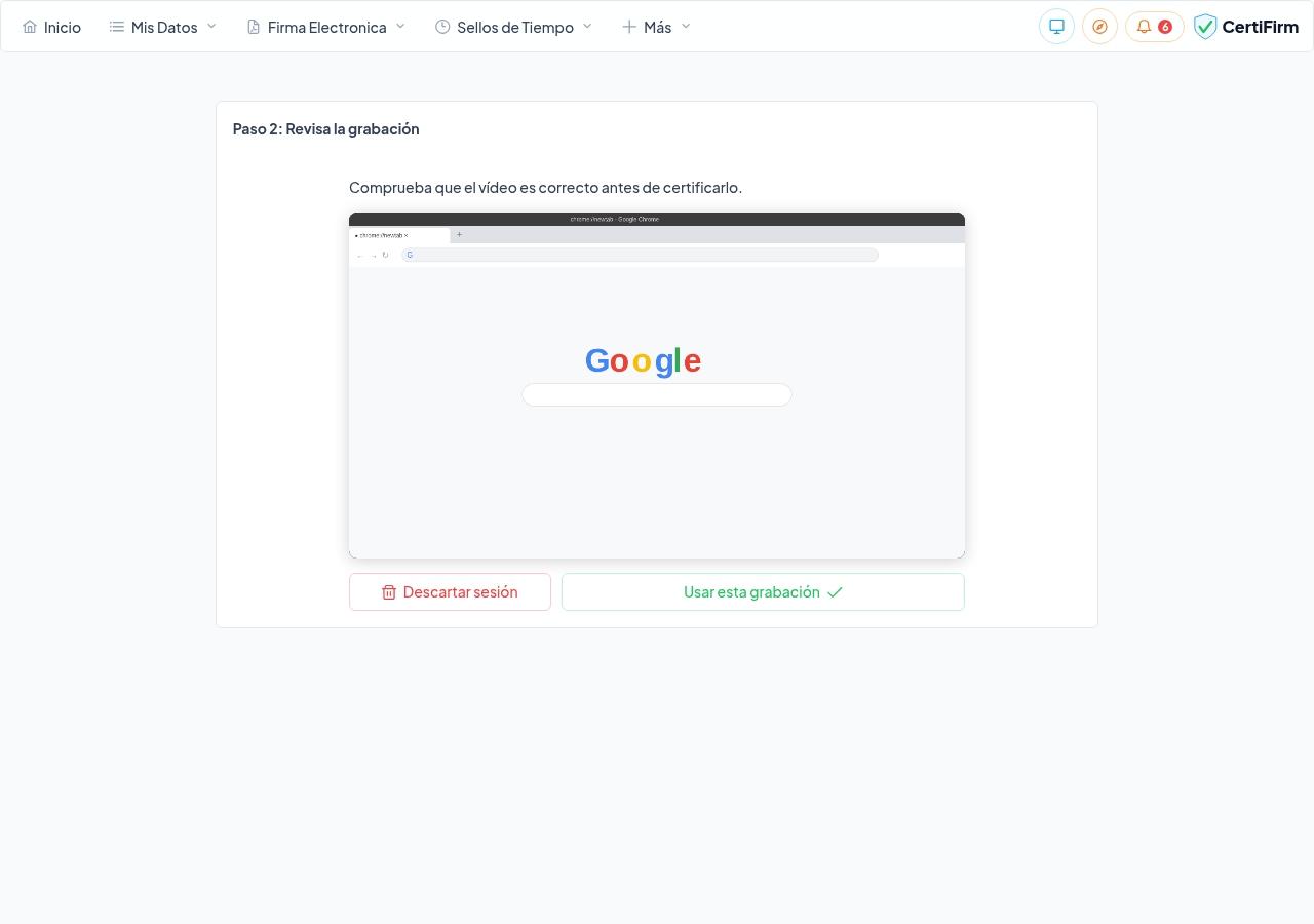 Reproductor de vídeo mostrando la grabación de la sesión lista para revisar y certificar