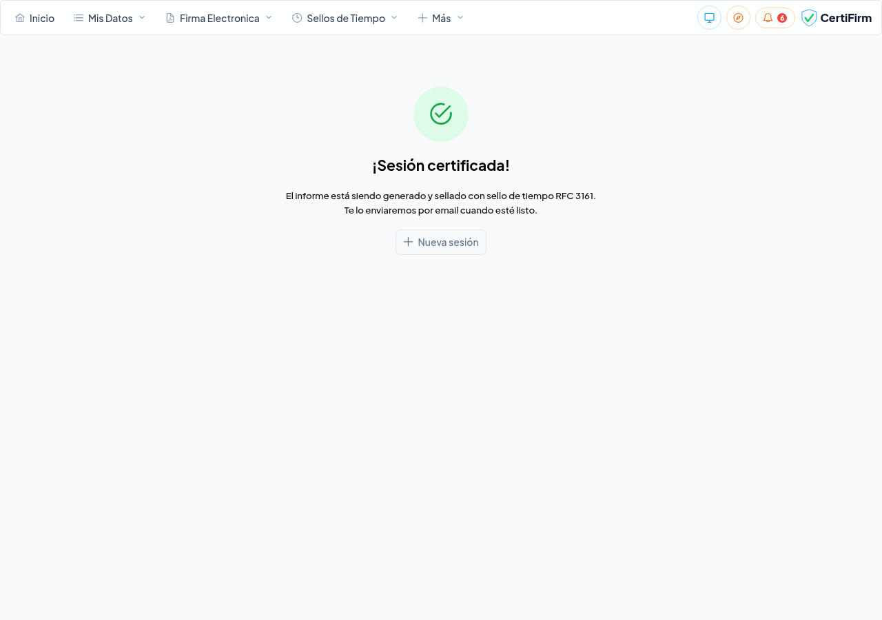 Confirmación de sesión certificada con sello de tiempo FNMT aplicado correctamente