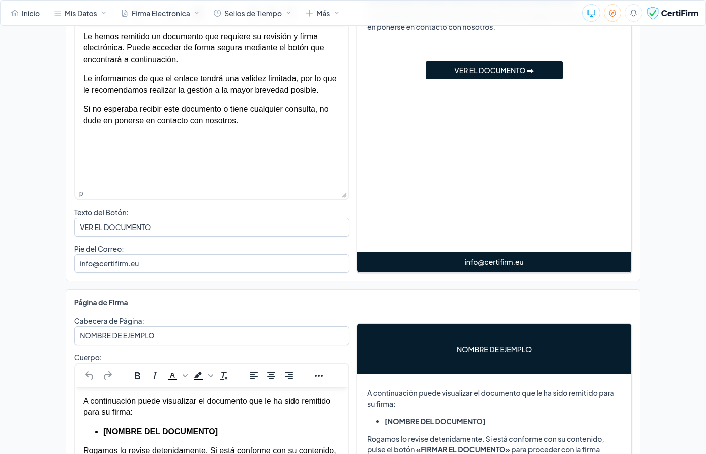 Sección de configuración del correo electrónico de notificación con vista previa