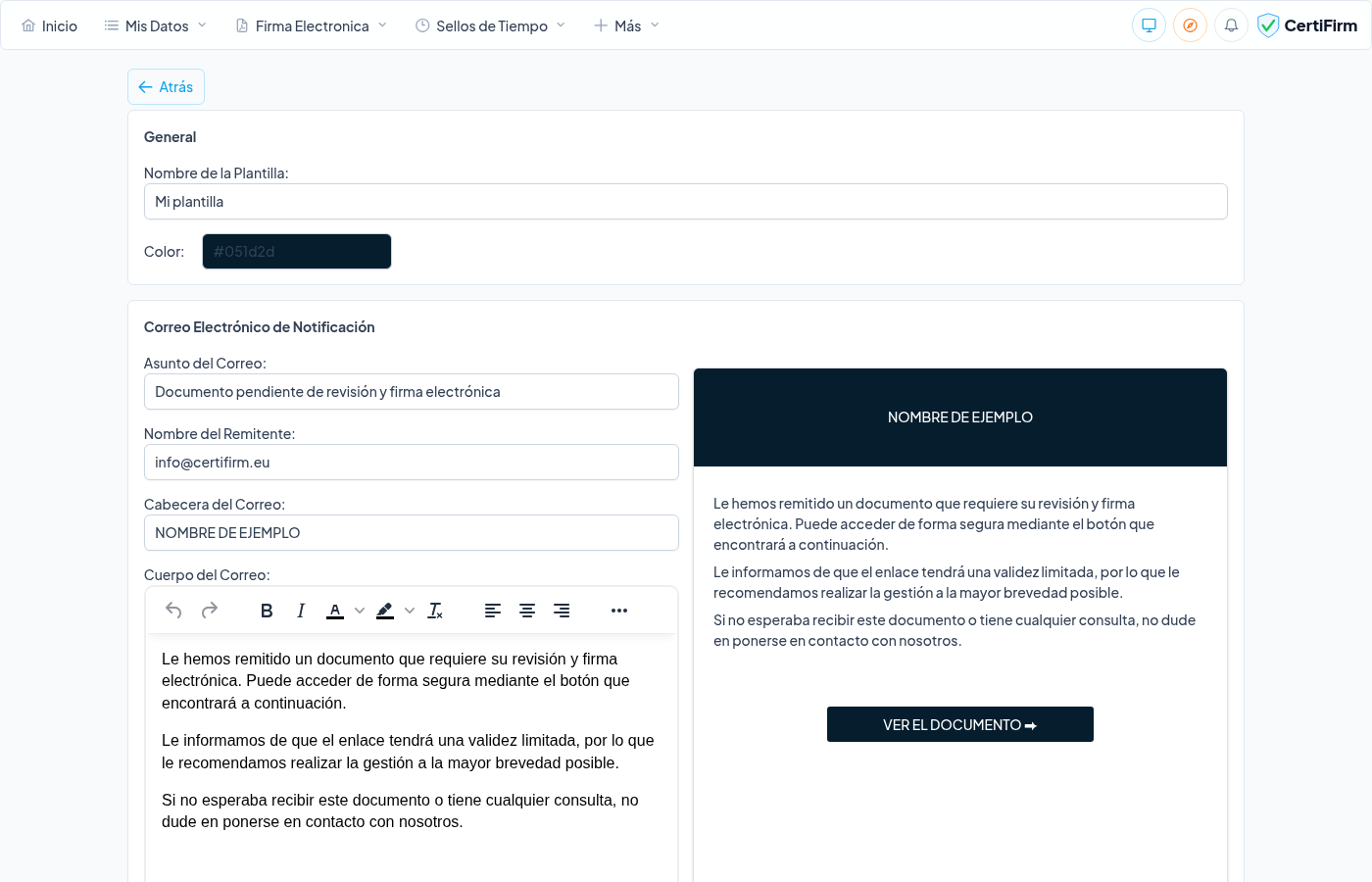 Formulario de creación de plantilla — sección General