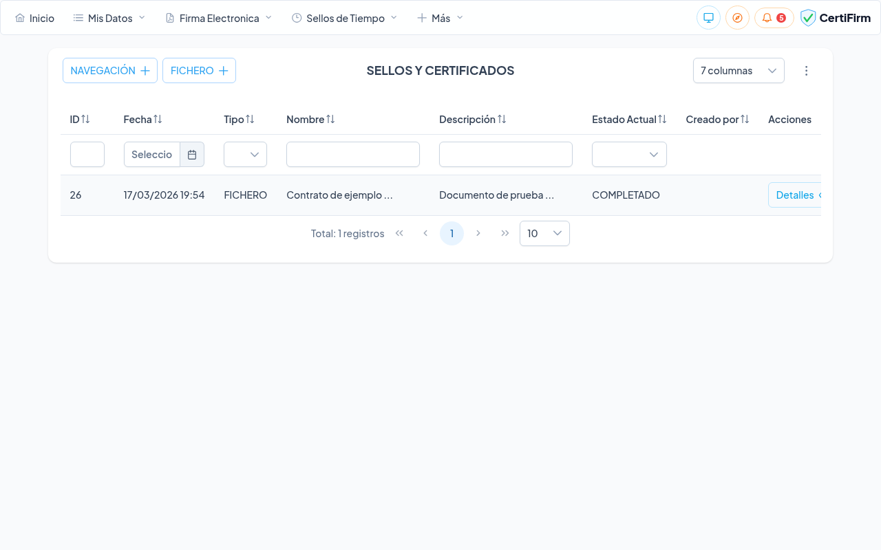 Lista de sellos de tiempo mostrando el sello en estado COMPLETADO
