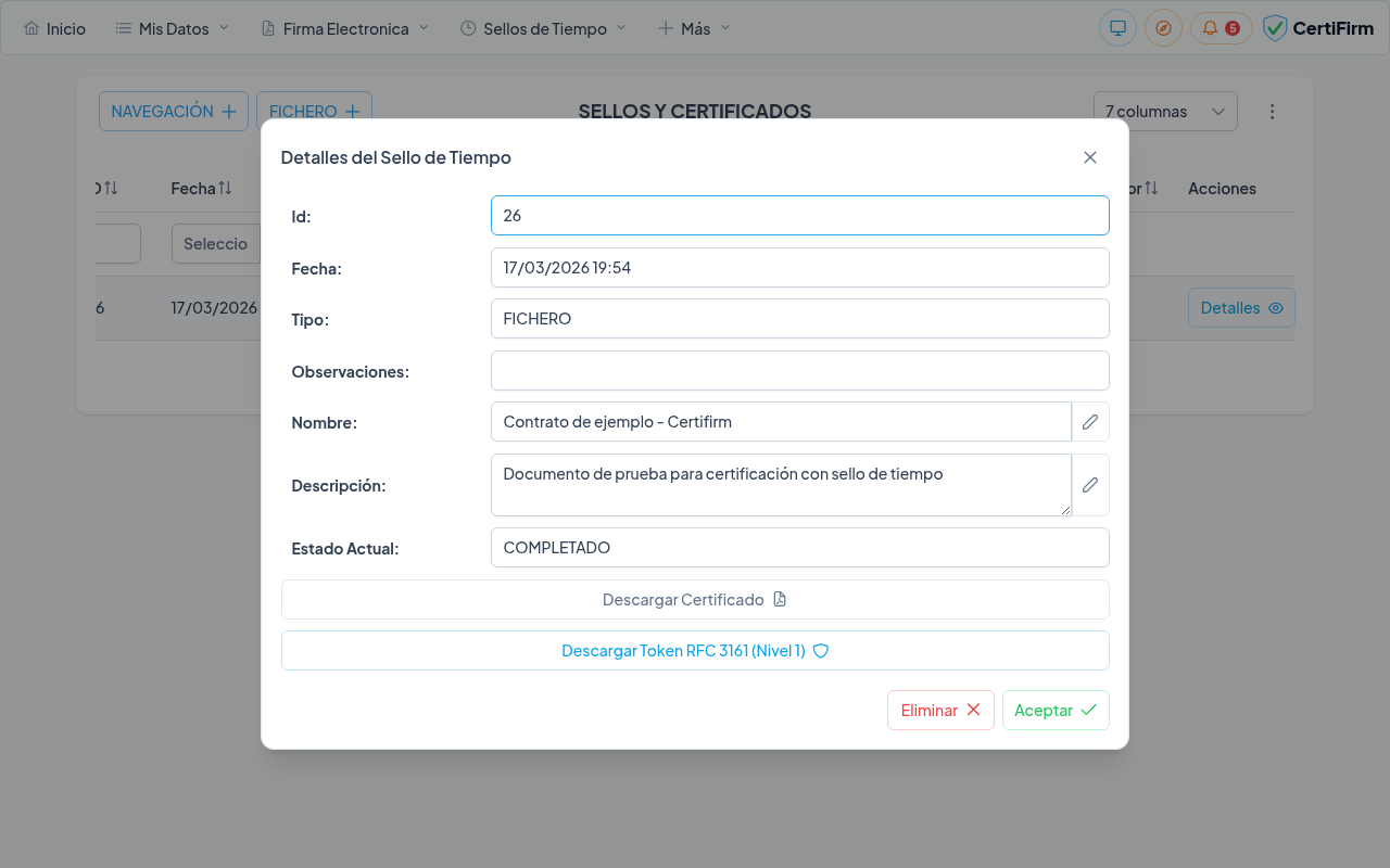 Diálogo de detalles del sello con botón Descargar Certificado activo