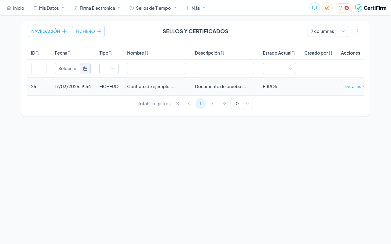 Lista de sellos de tiempo con un nuevo sello en estado EN COLA